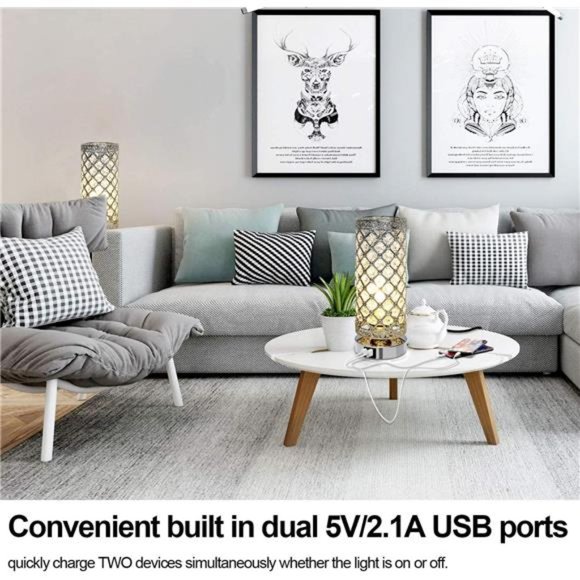 Crystal Touch Control Table Lamp with Dual USB Charging Ports, 3-Way Dimmable - Picture 6 of 6